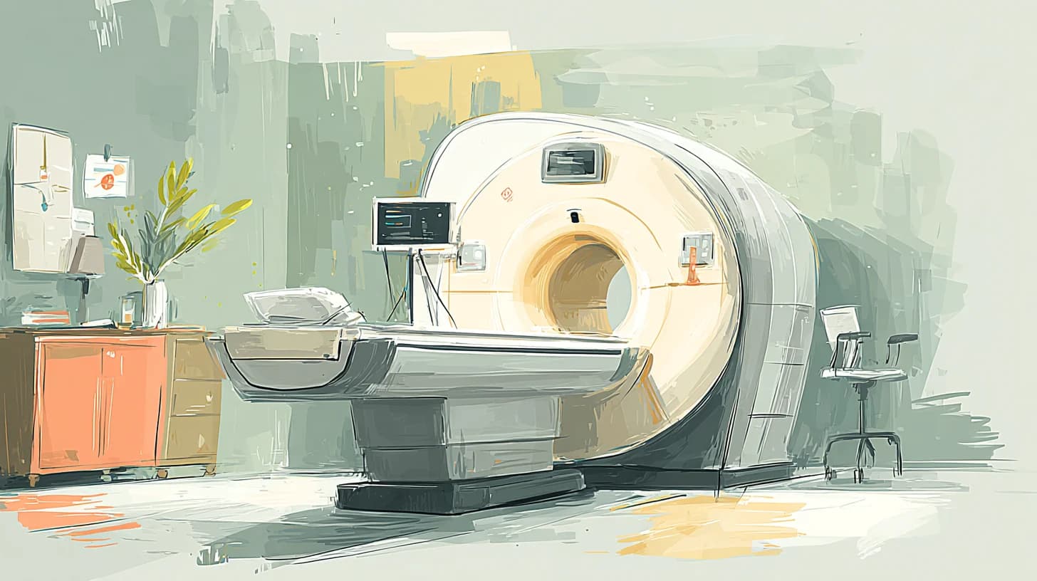 Illustration of a modern open MRI machine in a calm imaging suite